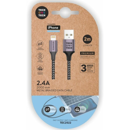 Cable usb 2.0 tech one tech tec2022/ usb macho - lightning macho/ 2m/ gris