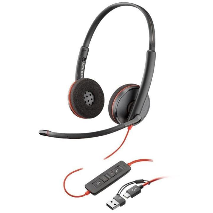 Auriculares poly blackwire 3220 + adaptador usb-c/a/ con micrófono/ usb tipo-c/ bulk/ negros