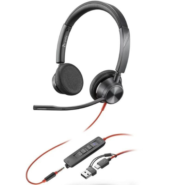 Auriculares poly blackwire 3225 para microsoft teams + 3.5 mm + adaptador usb-c/a/ con micrófono/ jack 3.5 - usb tipo-c/ negros
