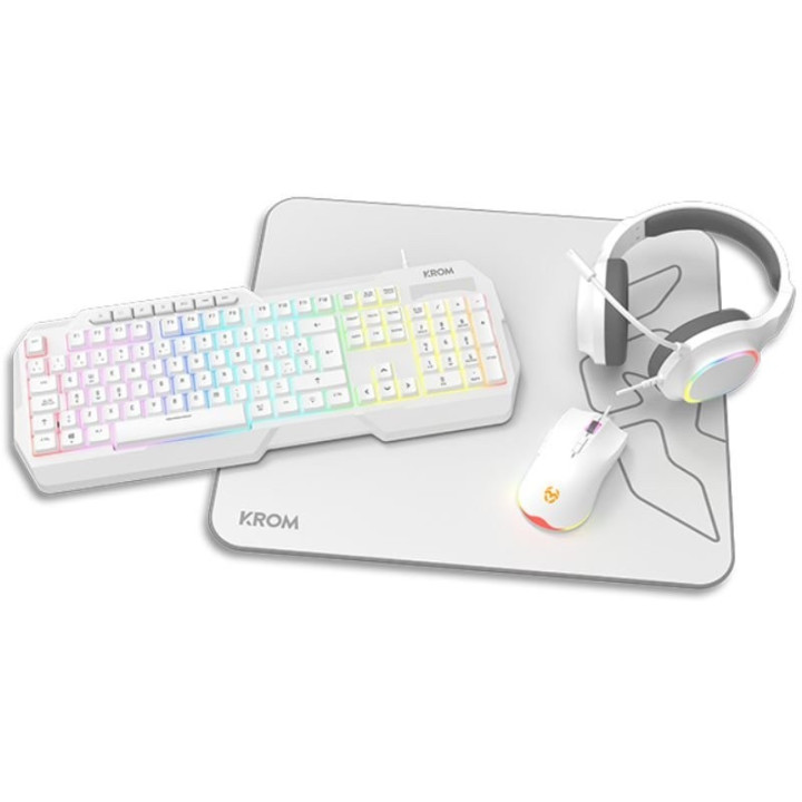 Pack gaming krom kenta/ teclado rgb + ratón + alfombrilla + auriculares/ blanco