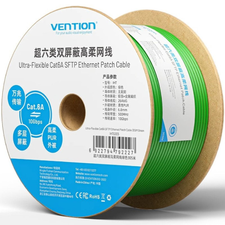 Bobina de cable rj45 sftp vention ihtg305 cat.6a/ 305m/ verde